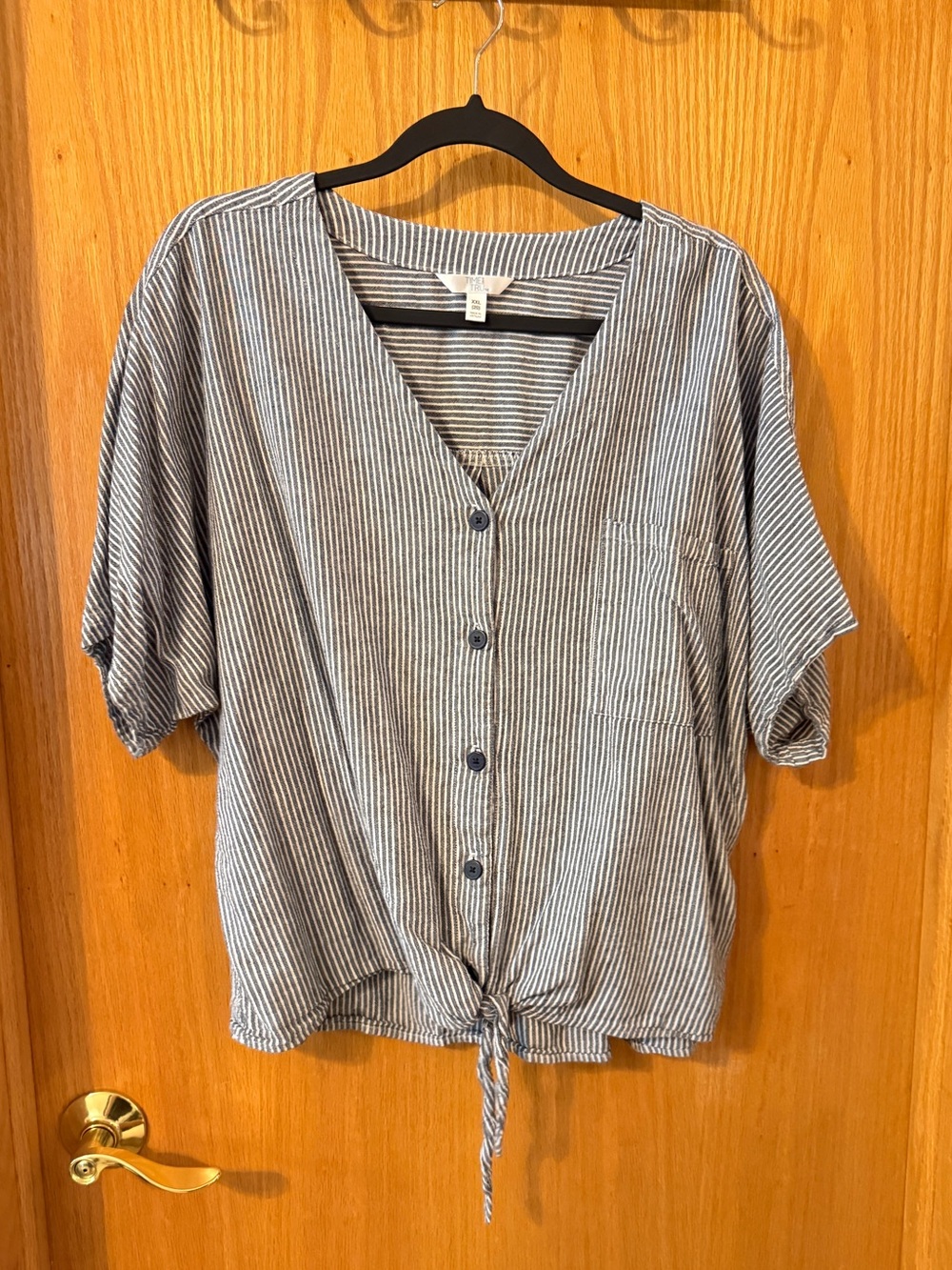 Time and Tru Striped Button Up V-Neck Tie-Front Blouse Top